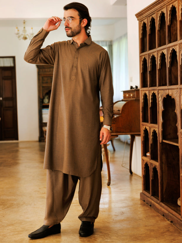 Olive Green Blended Kameez Shalwar - ALWA-KS-501