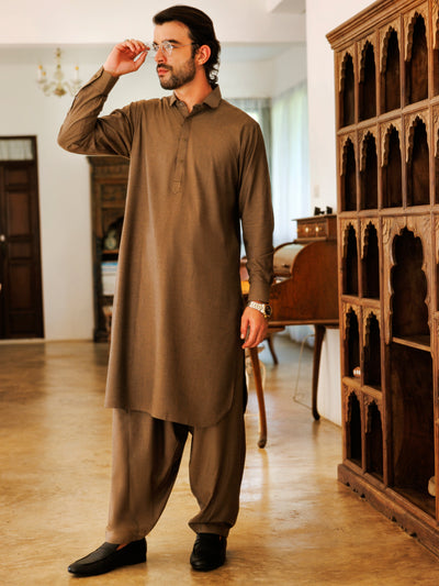 Olive Green Blended Kameez Shalwar - ALWA-KS-501A