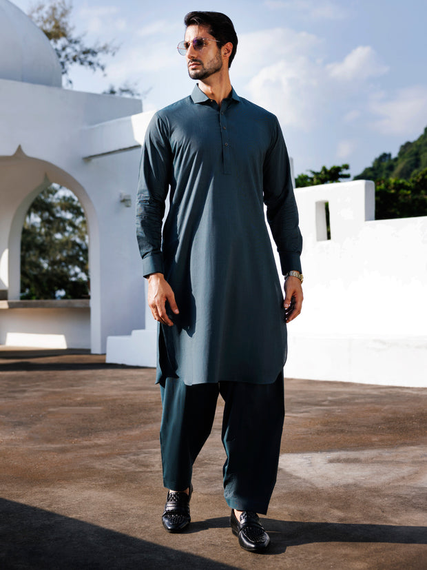 Dark Green Cotton Kameez Shalwar - ALWA-KS-503