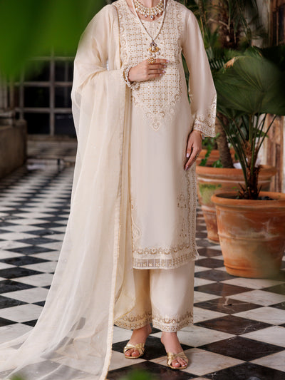 Off White Raw Silk Formal 3 Piece Stitched - AL-3PS-LS-504