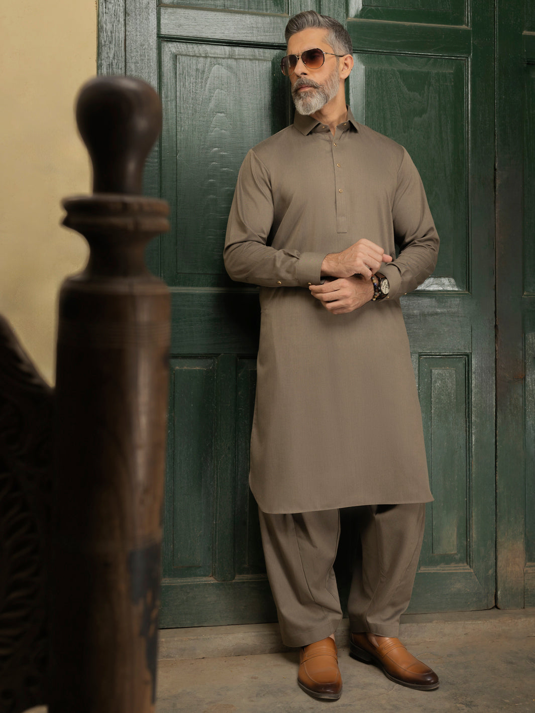 Olive Blended Kameez Shalwar - ALWA-KS-504A