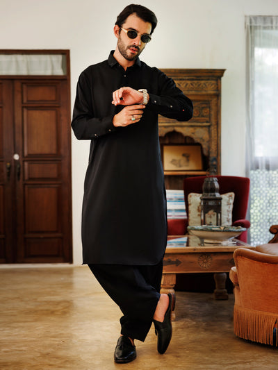 Black Blended Kameez Shalwar - ALWA-KS-509