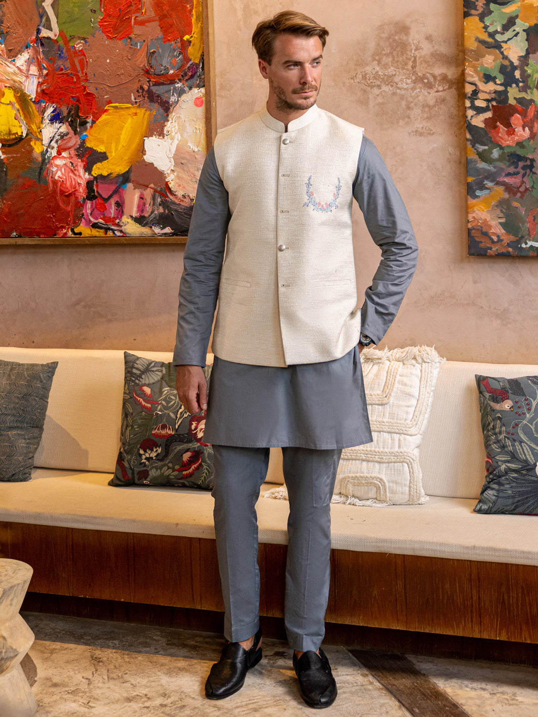 Off White Blended Waistcoat - AL-WC-529 - Almirah Online