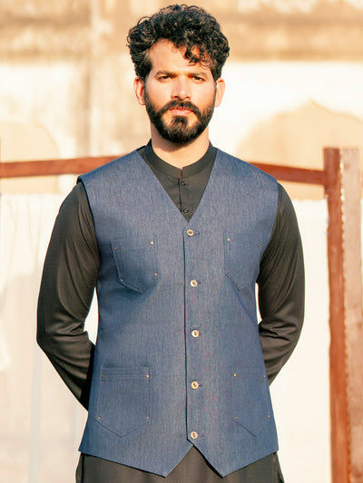 Indigo Polyester Cotton Waistcoat - AL-WC-540 - Almirah Online