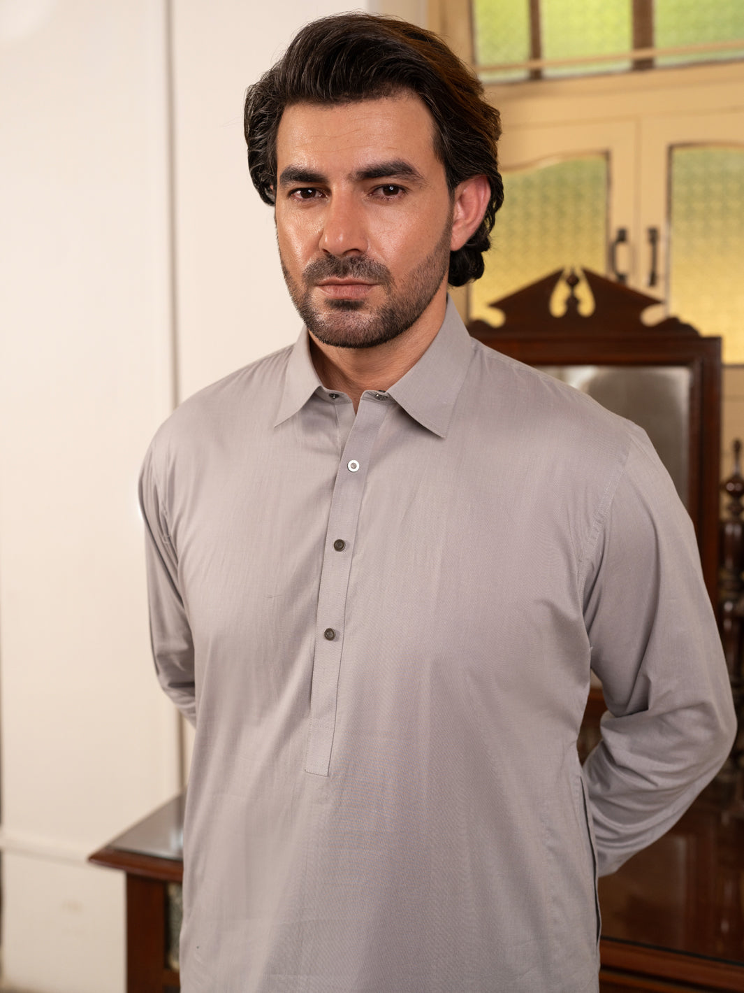 Grey Cotton Kameez Shalwar - ALWA-KS-547