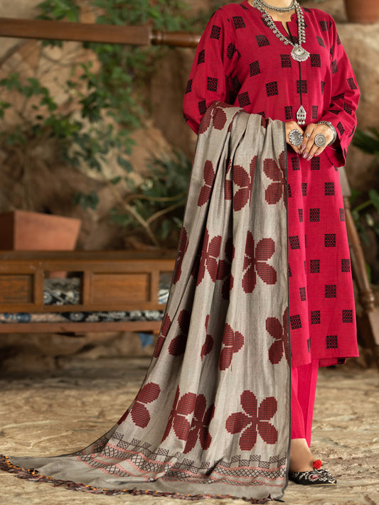 Red Velvet Jacquard 3 Piece Stitched - AWP-3PS-572