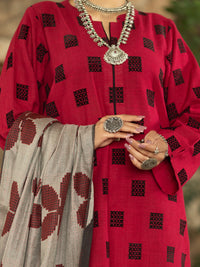 Red Velvet Jacquard 3 Piece Stitched - AWP-3PS-572