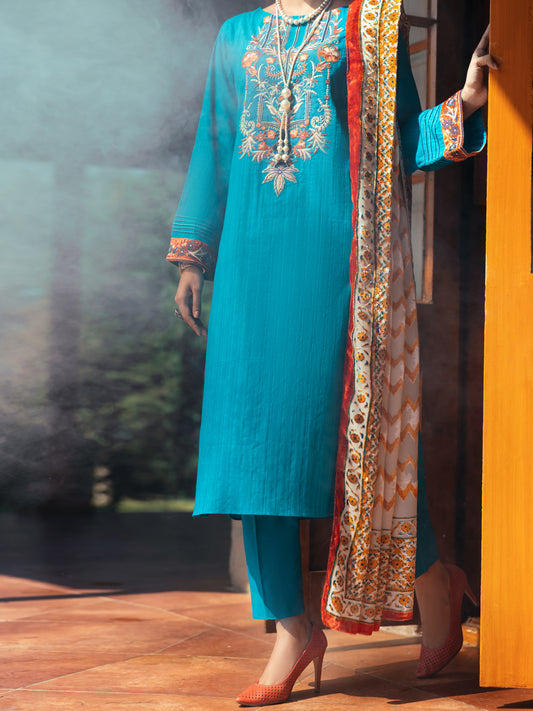 Turquoise Dobby Jacquard 3 Piece Stitched - AWP-3PS-584