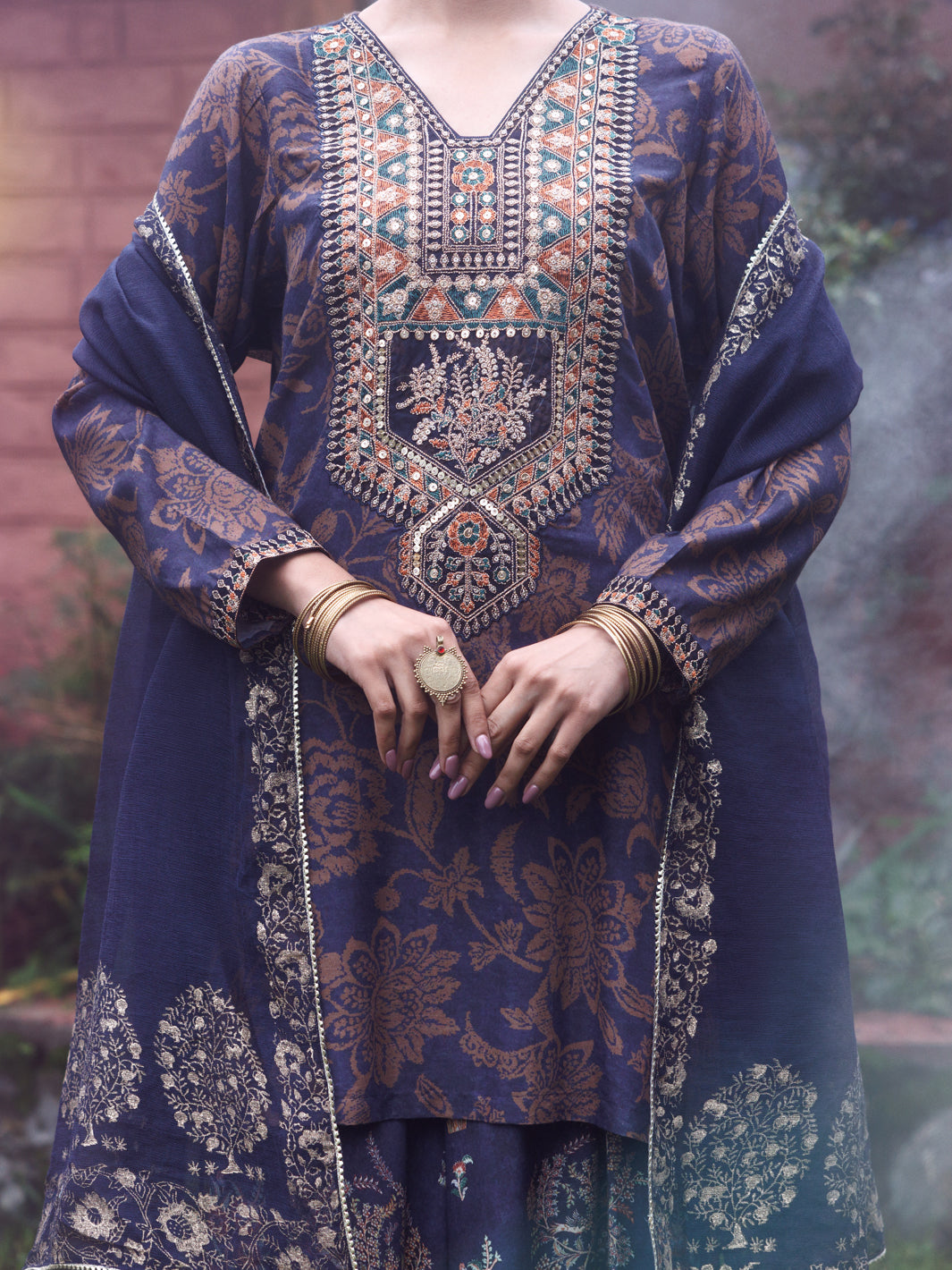 Navy Blue Poly-Raw Silk 3Pc Stitched - AWP-3PS-755