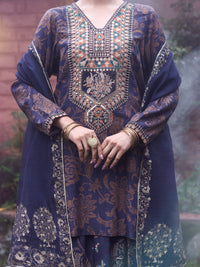 Navy Blue Poly-Raw Silk 3Pc Stitched - AWP-3PS-755