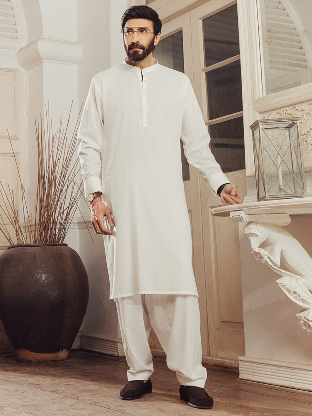 White Plain Kameez Shalwar  - Men Kameez Shalwar-Et Series | ALMIRAH