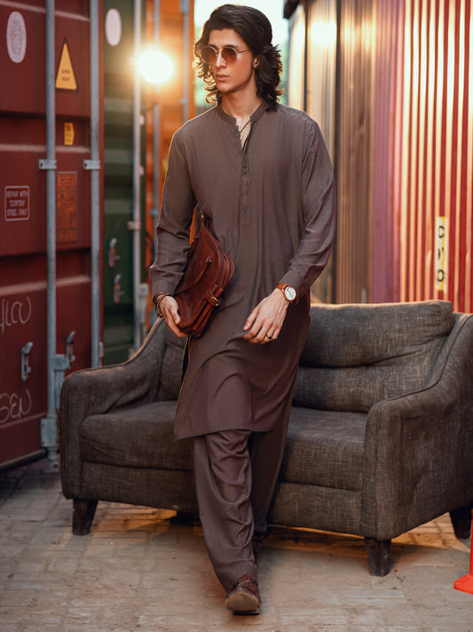 Brown Blended Kameez Shalwar - AL-KS-3276A
