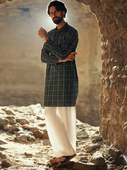 Green Cotton Semi-Formal Kurta - AL-K-1288