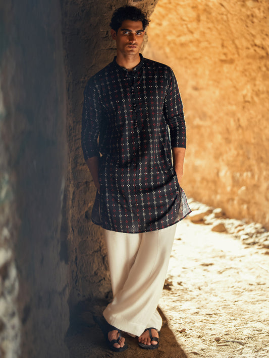 Black Cotton Semi-Formal Kurta - AL-K-1289