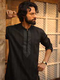 Black Cotton Screen Print Kurta - AL-K-1297