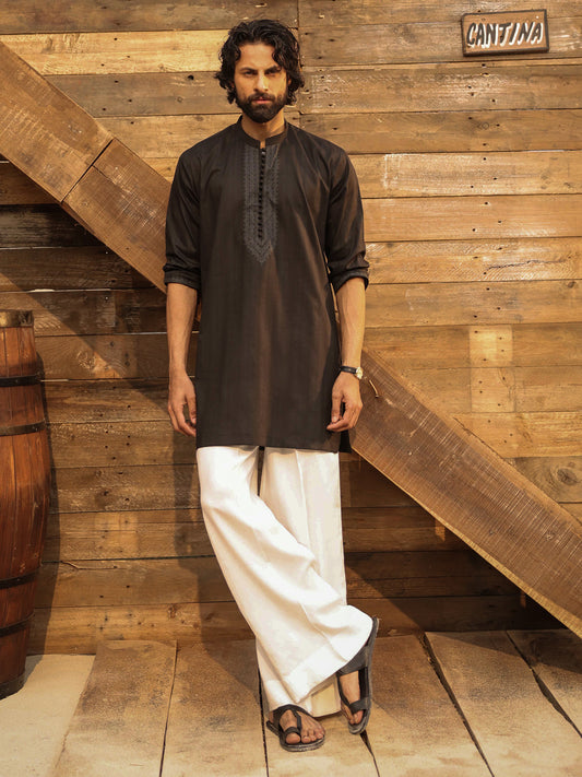 Black Cotton Screen Print Kurta - AL-K-1297