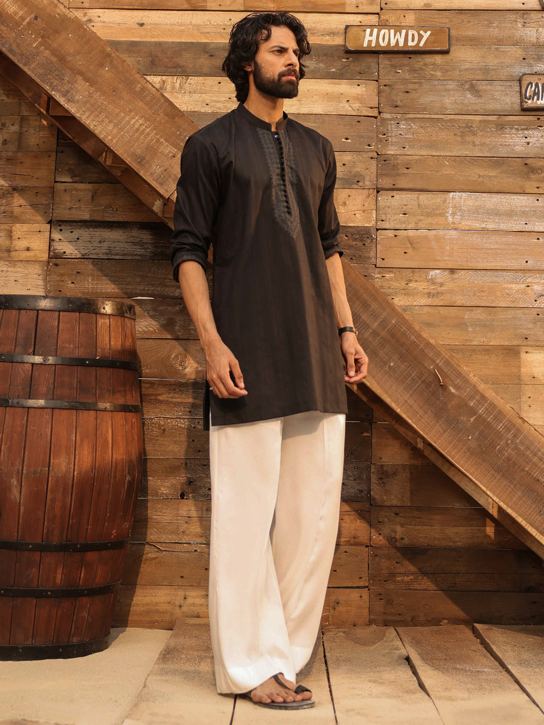 Black Cotton Screen Print Kurta - AL-K-1297