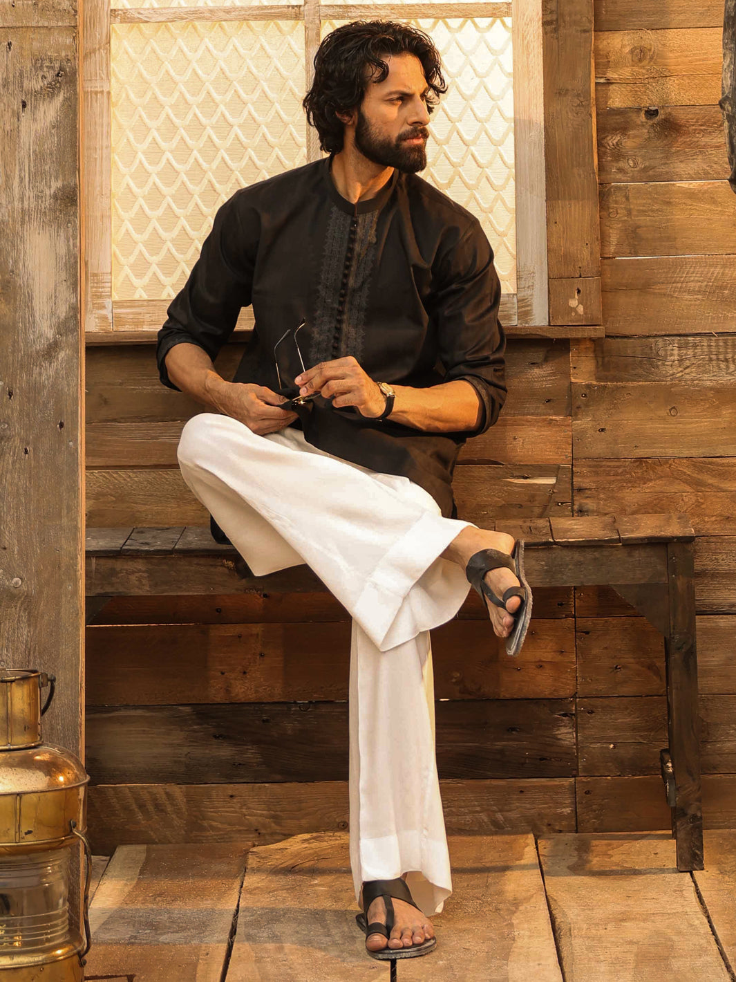 Black Cotton Screen Print Kurta - AL-K-1297