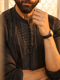 Black Cotton Screen Print Kurta - AL-K-1297