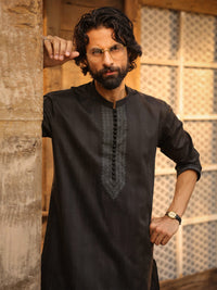 Black Cotton Screen Print Kurta - AL-K-1297