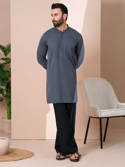Grey Cotton Plain Kurta - AL-K-1313