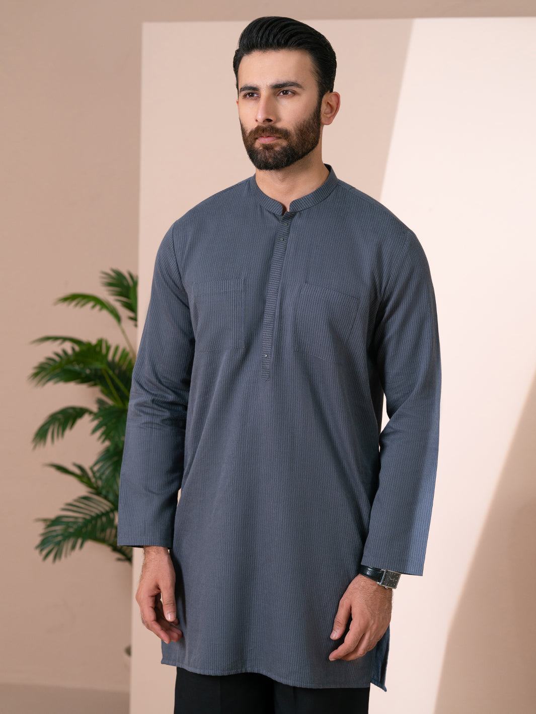 Grey Cotton Plain Kurta - AL-K-1313