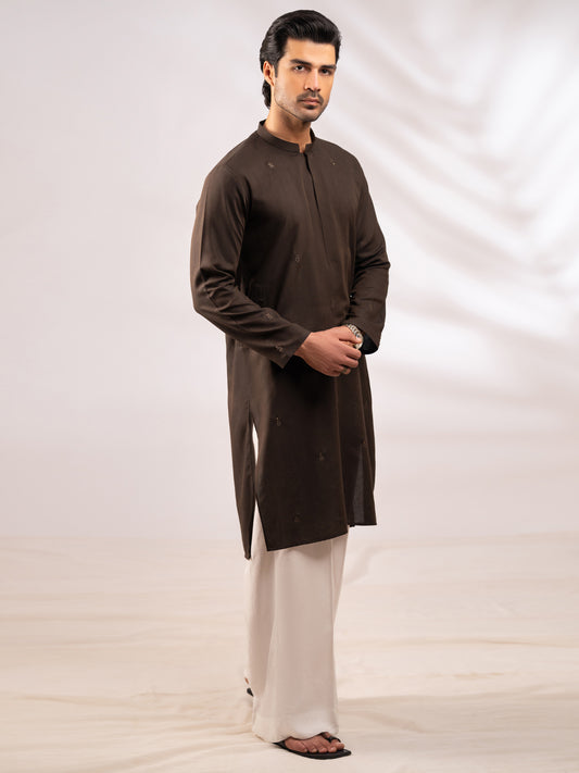 Dark Brown Cotton Cut & Sew Kurta - AL-K-1315