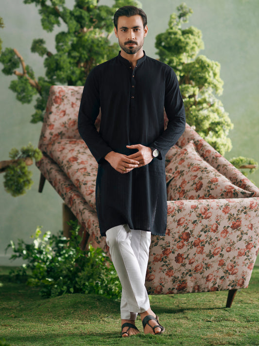 Black Cotton Plain Kurta - AL-K-1329