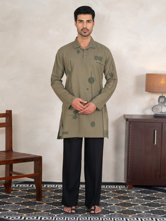 Sage Green Cotton Cut & Sew Kurta  - Men Kurta | ALMIRAH