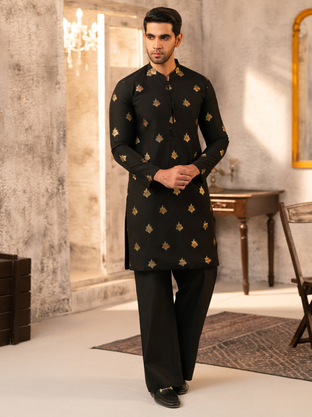 Black Formal Brocade Kurta - AL-K-SP-065