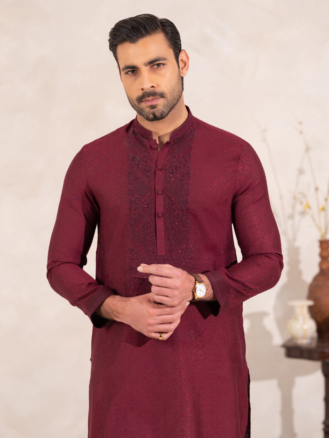 Maroon Formal Embroidered Kurta - AL-K-SP-068