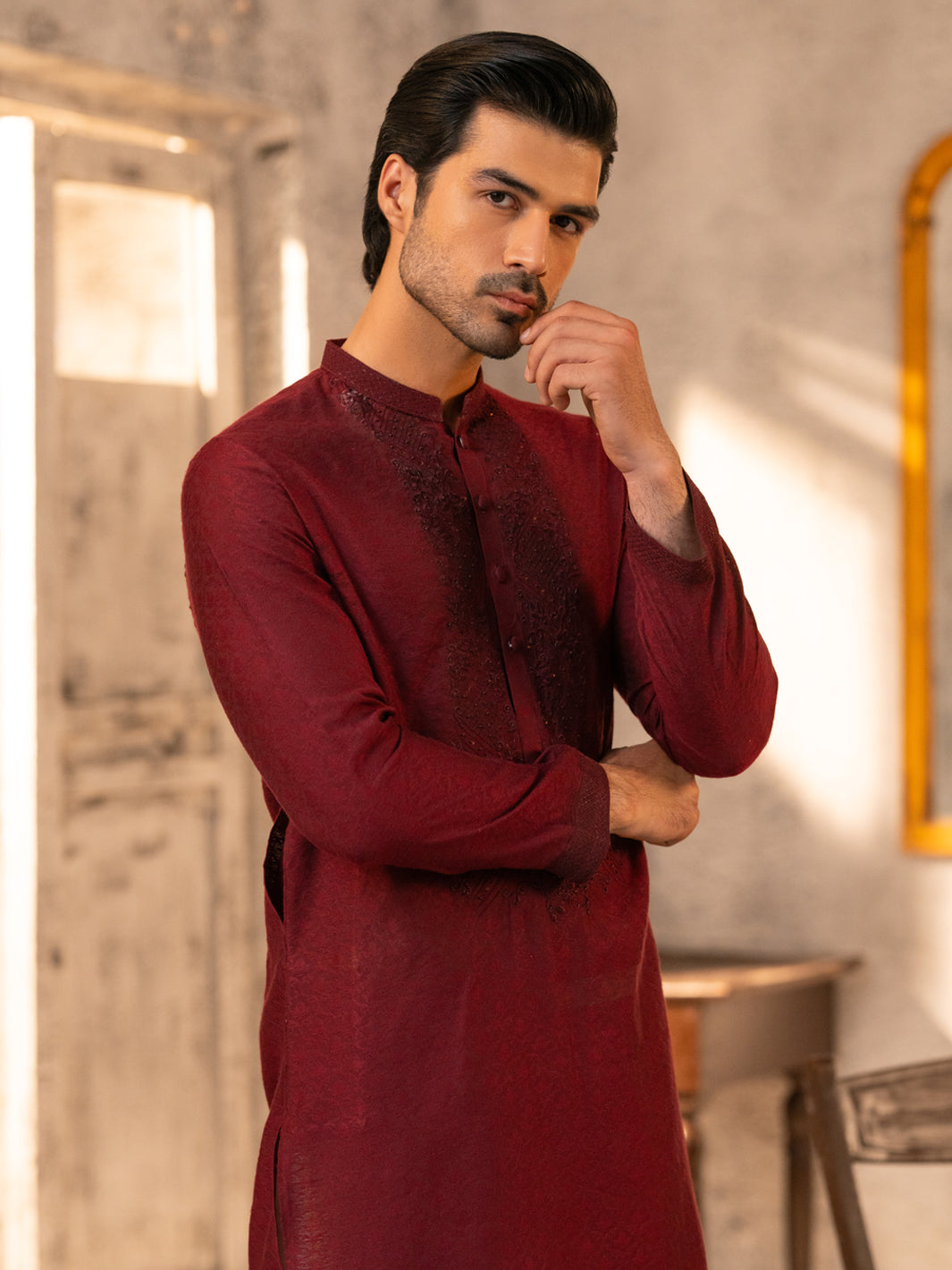 Maroon Formal Embroidered Kurta - AL-K-SP-068
