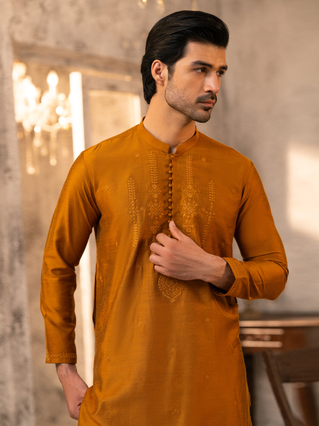 Mustard Formal Embroidered Kurta - AL-K-SP-069