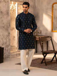 Navy Blue Formal Brocade Kurta - AL-K-SP-071