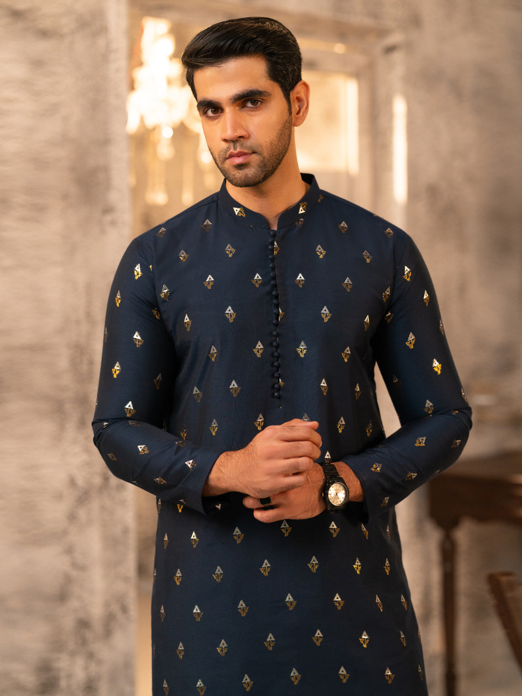Navy Blue Formal Brocade Kurta - AL-K-SP-071
