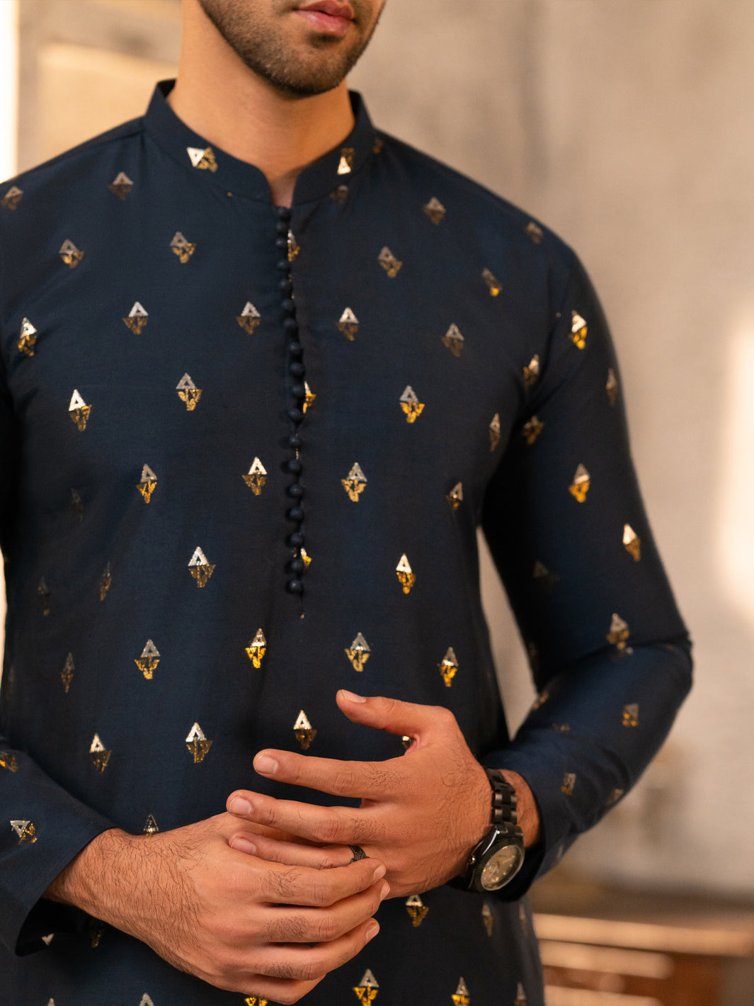 Navy Blue Formal Brocade Kurta - AL-K-SP-071