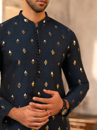 Navy Blue Formal Brocade Kurta - AL-K-SP-071