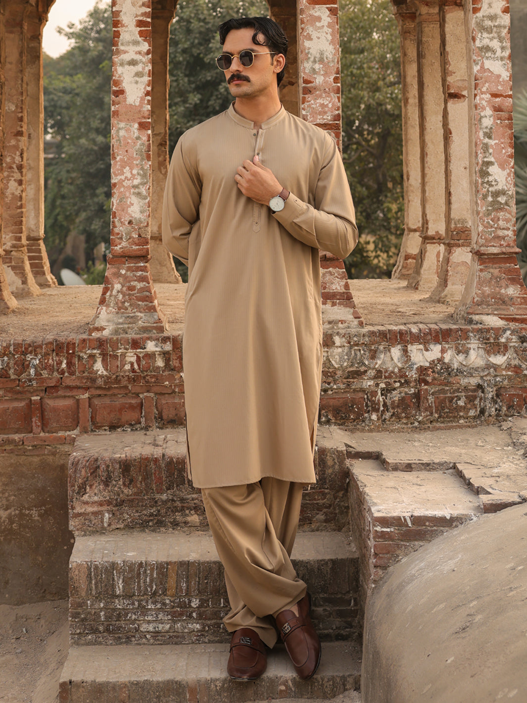 Sand Brown Cut & Sew Kameez Shalwar - AL-KS-3259A