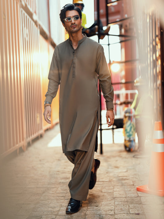 Olive Green Kameez Shalwar - AL-KS-3286