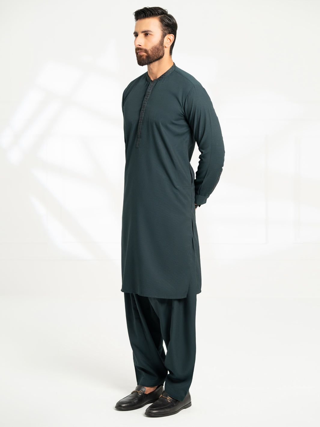 Dark Green Semi-Formal Kameez Shalwar - AL-KS-3300