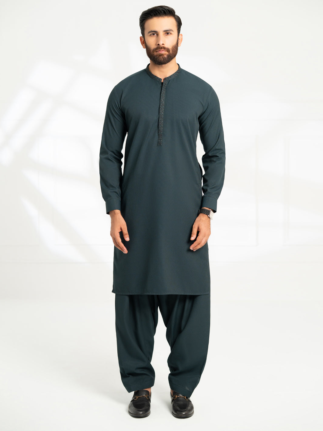 Dark Green Semi-Formal Kameez Shalwar - AL-KS-3300