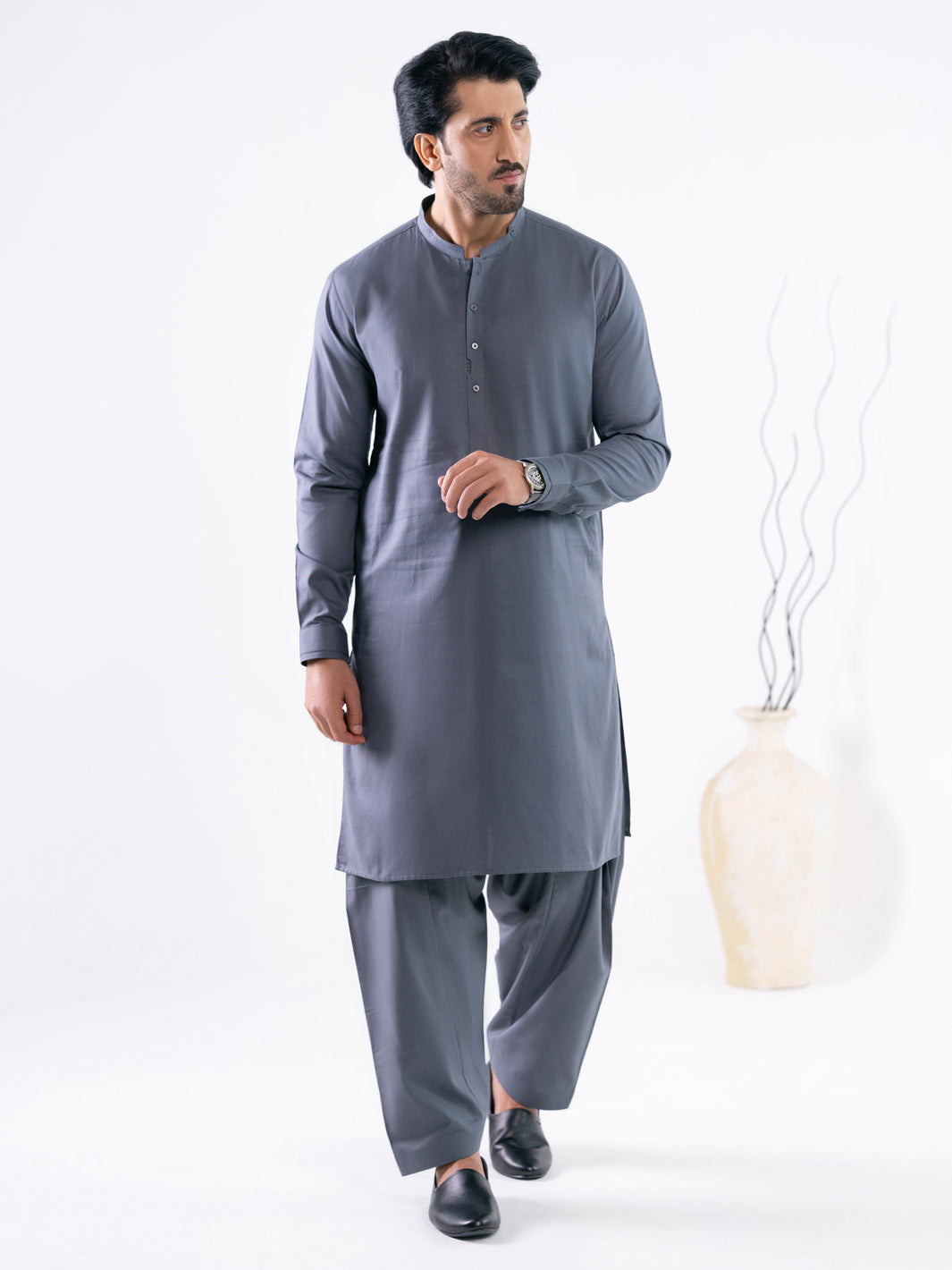 Grey Cotton Cut & Sew Kameez Shalwar  - Men Kameez Shalwar | ALMIRAH