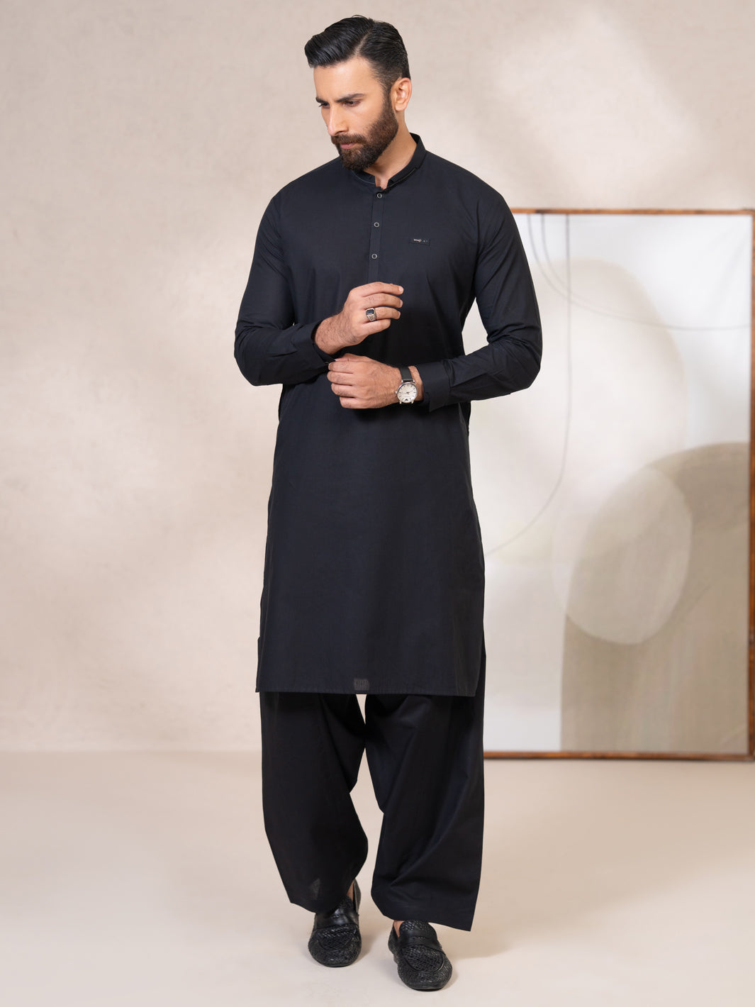 Black Cotton Cut & Sew Kameez Shalwar  - Men Kameez Shalwar | ALMIRAH