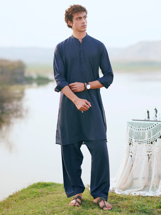 Navy Blue Cut & Sew Kameez Shalwar - AL-KS-3344