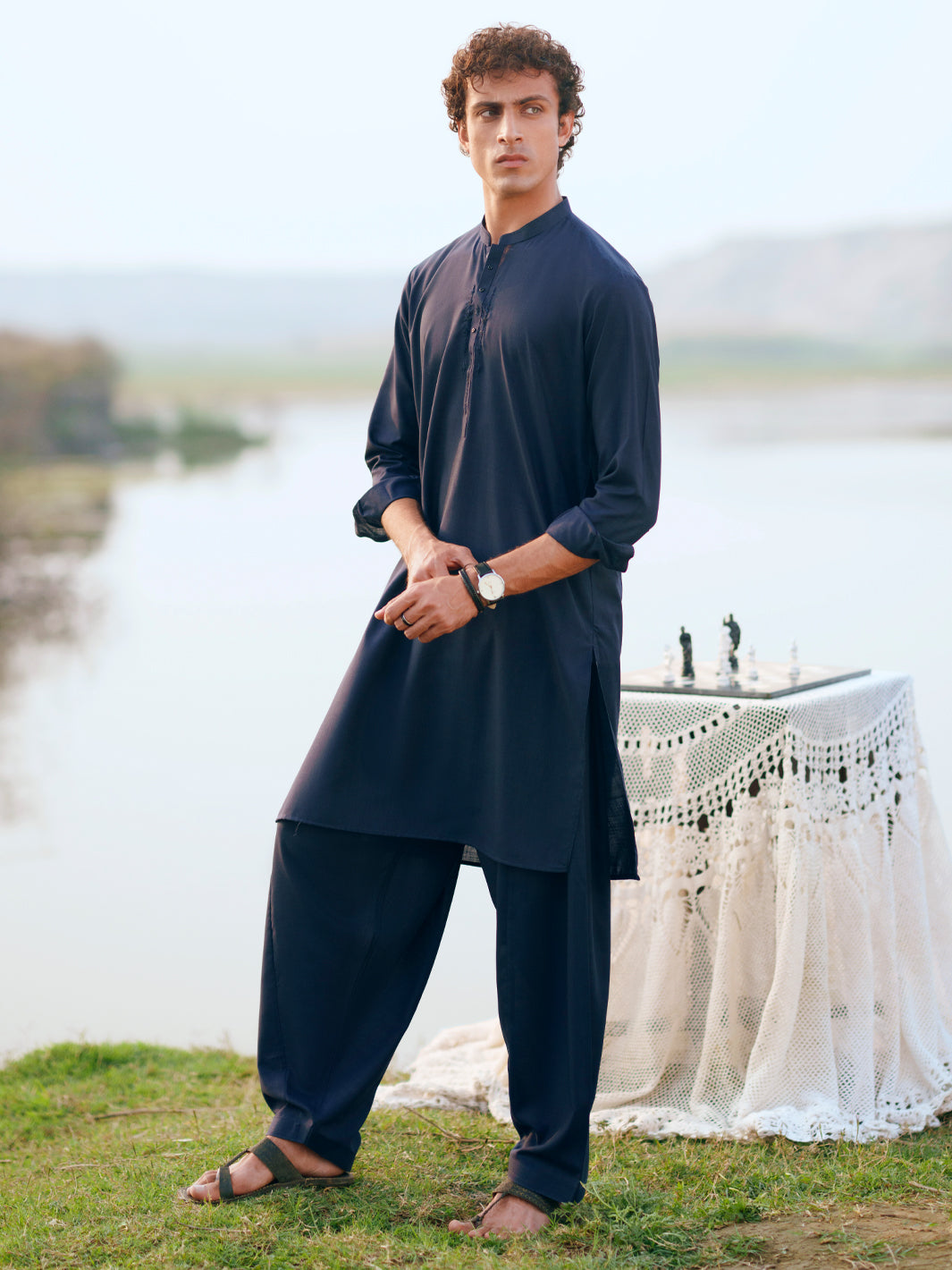 Navy Blue Cut & Sew Kameez Shalwar - AL-KS-3344