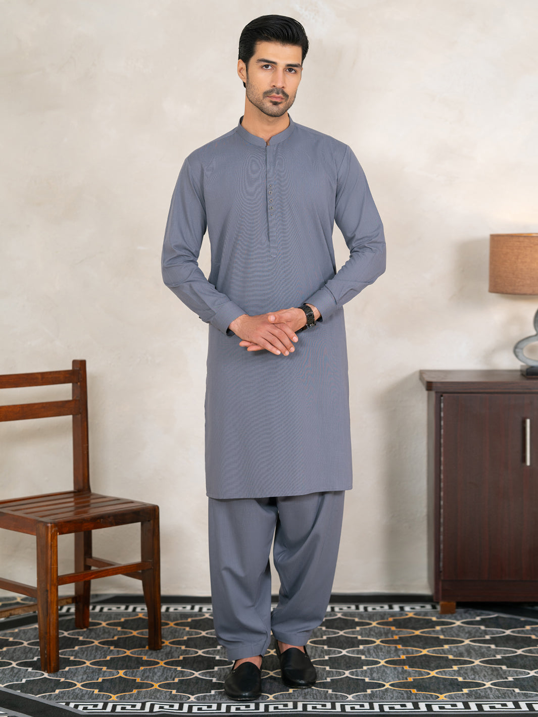 Grey Plain Kameez Shalwar - AL-KS-3351