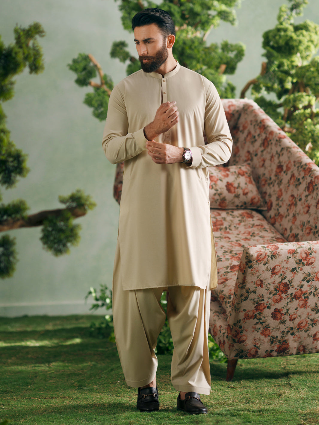 Beige Cut & Sew Kameez Shalwar  - Men Kameez Shalwar | ALMIRAH