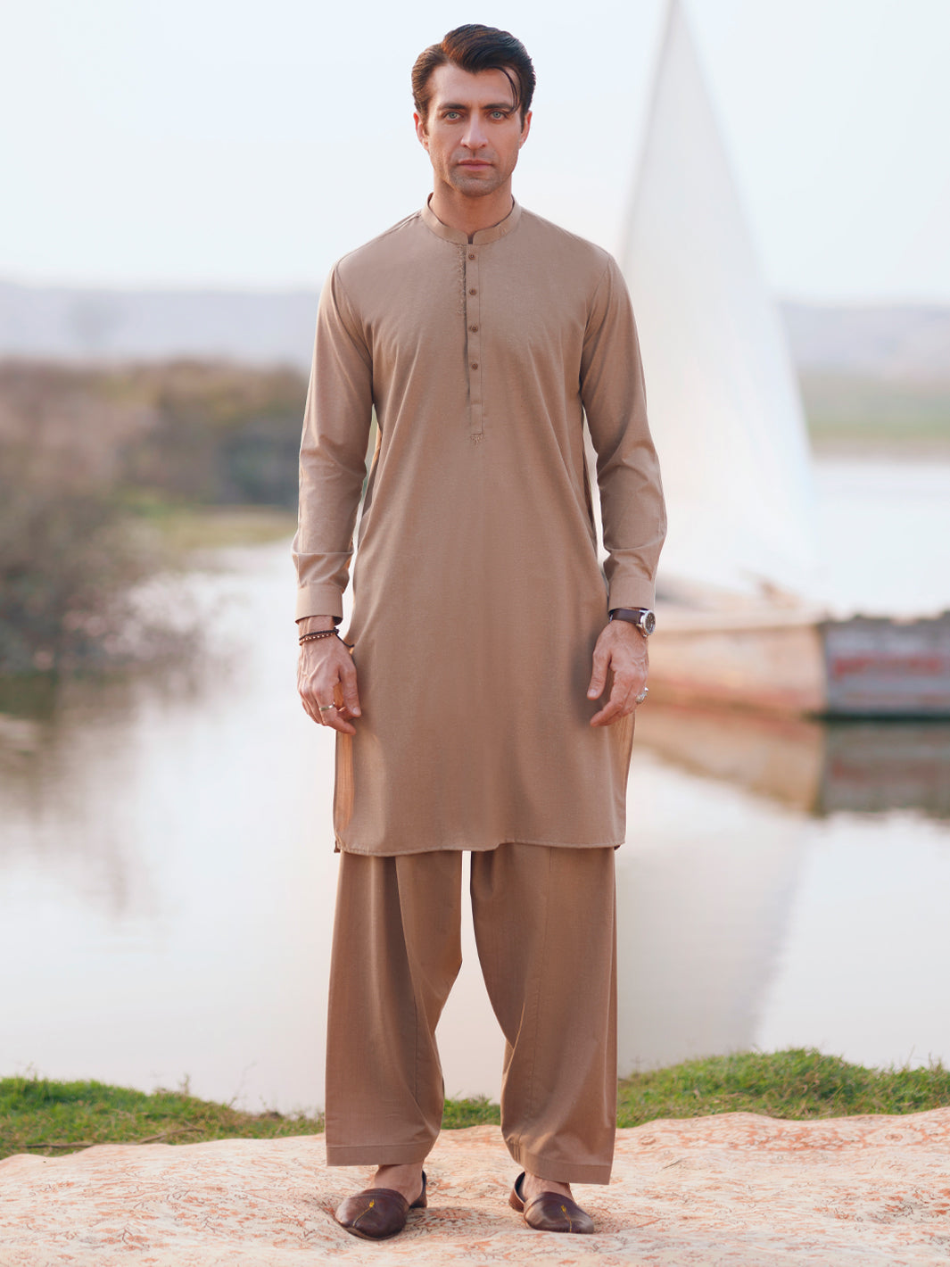 Beige Cut & Sew Kameez Shalwar - AL-KS-3363