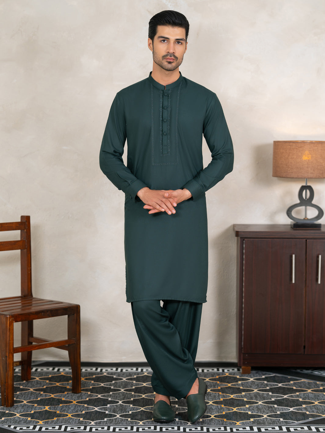 Dark Green Kameez Shalwar - AL-KS-3372