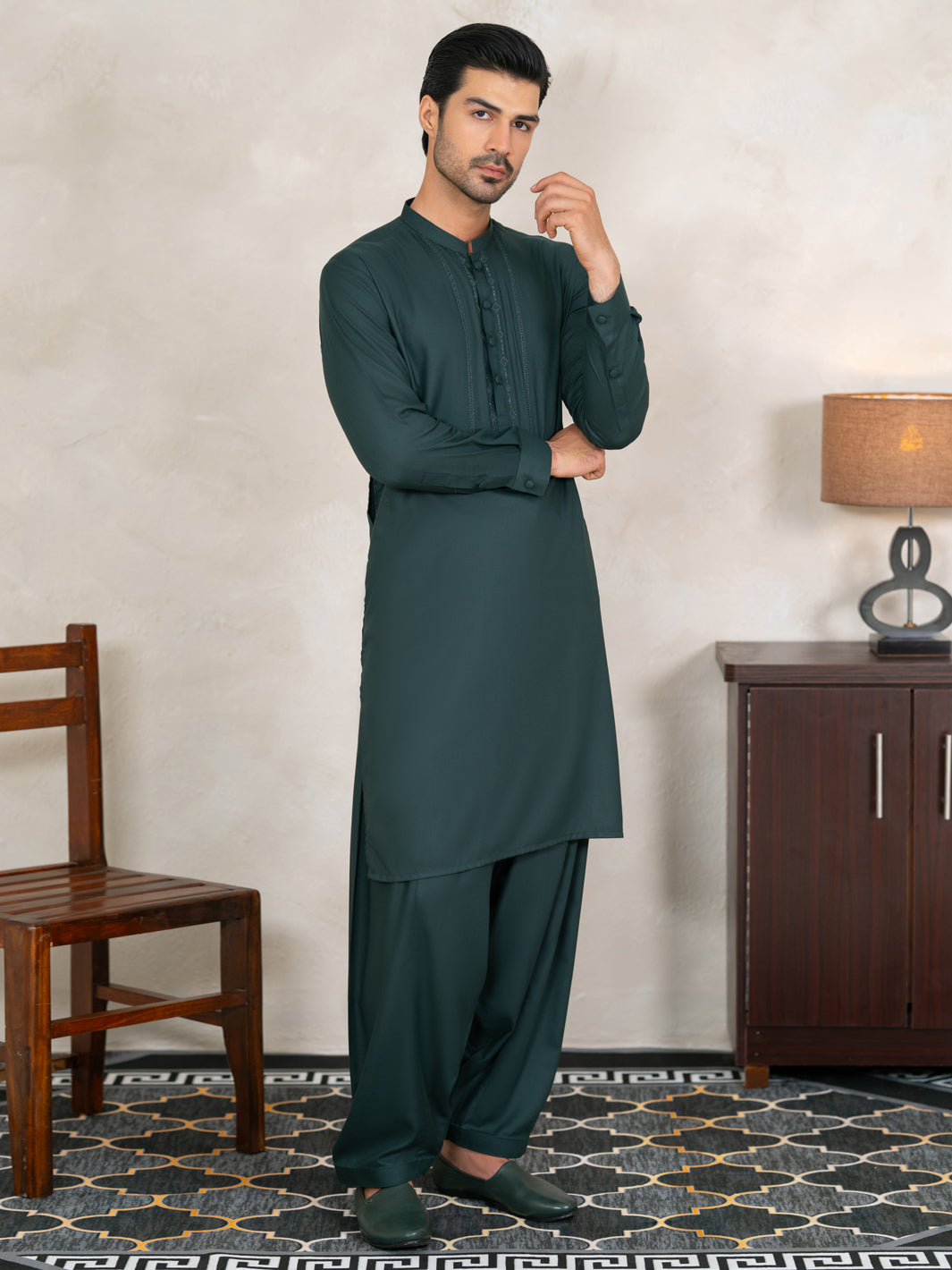 Dark Green Kameez Shalwar - AL-KS-3372